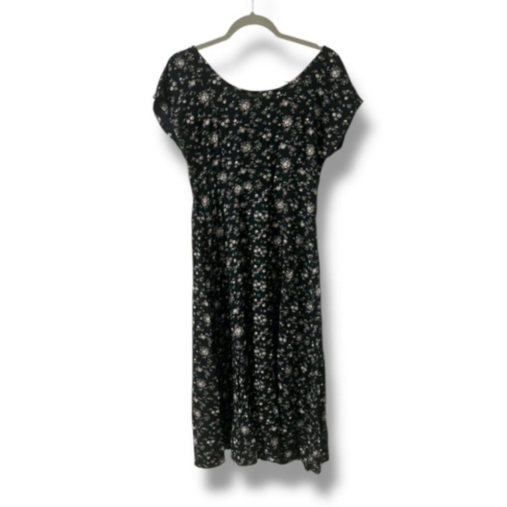 Vintage 90s No Boundaries Black Floral Short Sleeve Midi Dress Womens Size Small